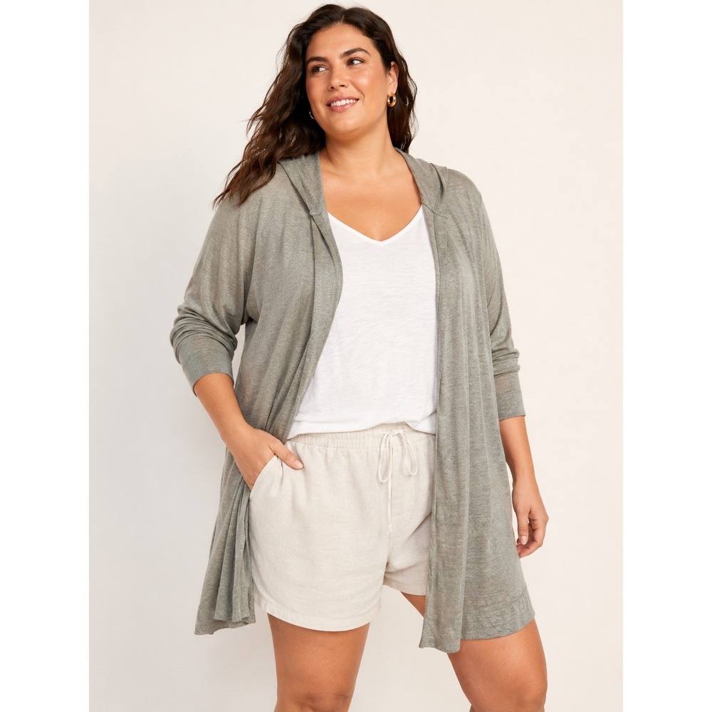 Cynthia Rowley Womens Boho 100% Linen Hooded Cardigan Olive Green 3X Plus Size